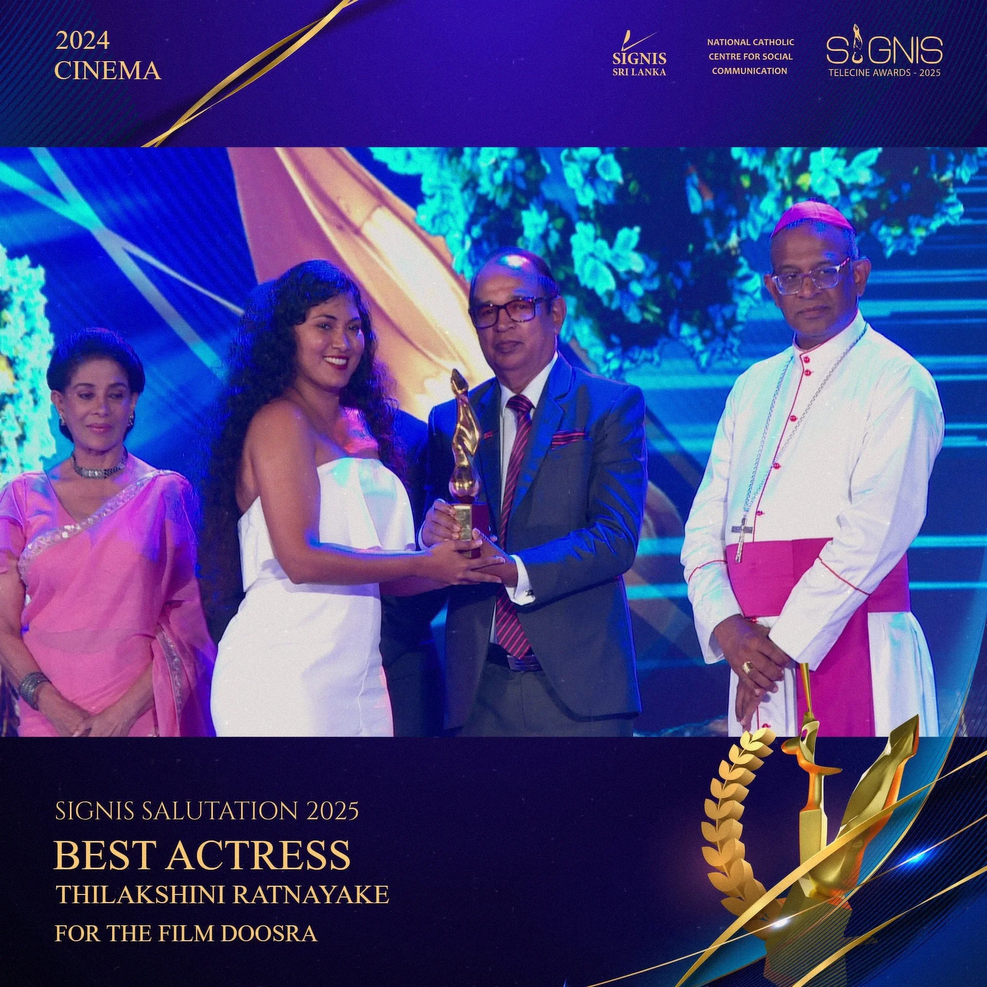 Thilakshini Ratnayake receiving the SIGNIS Best Actress statuette on stage